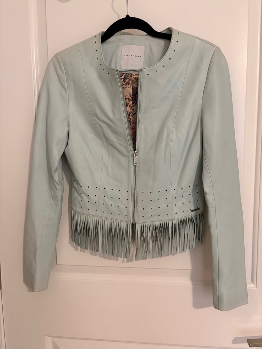 Rino Pelle 100% Leather Mint Fringe Leather Jacket NWT